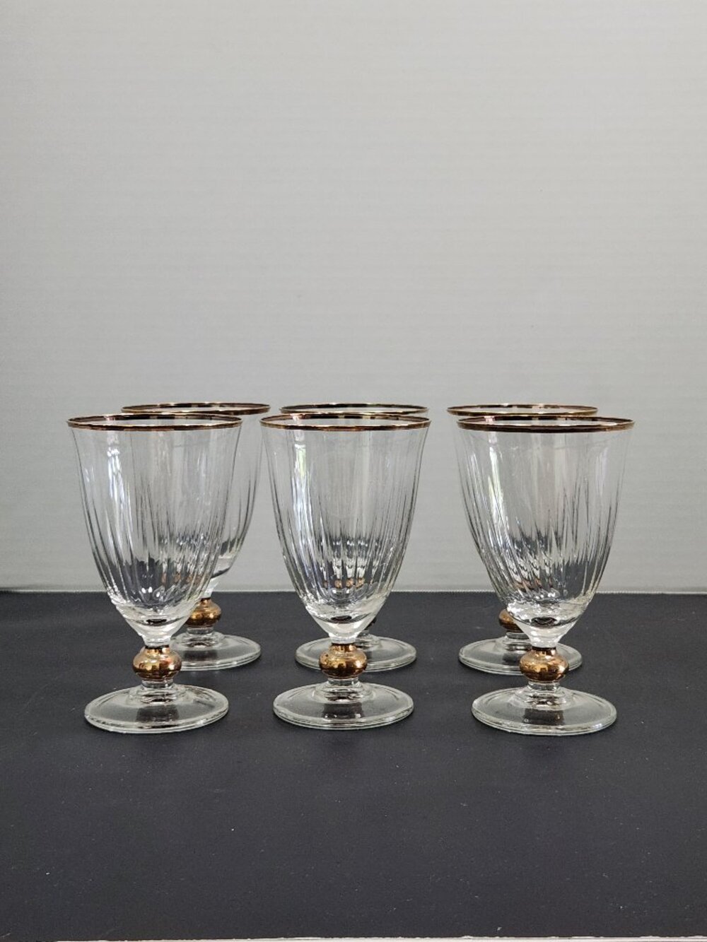 VTG 60s Cerve Italy Optic Ribbed Water Glasses, Gold Rim & Ball Stem, Set of 6